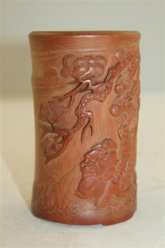 A Chinese bamboo brush pot, 12.2cm